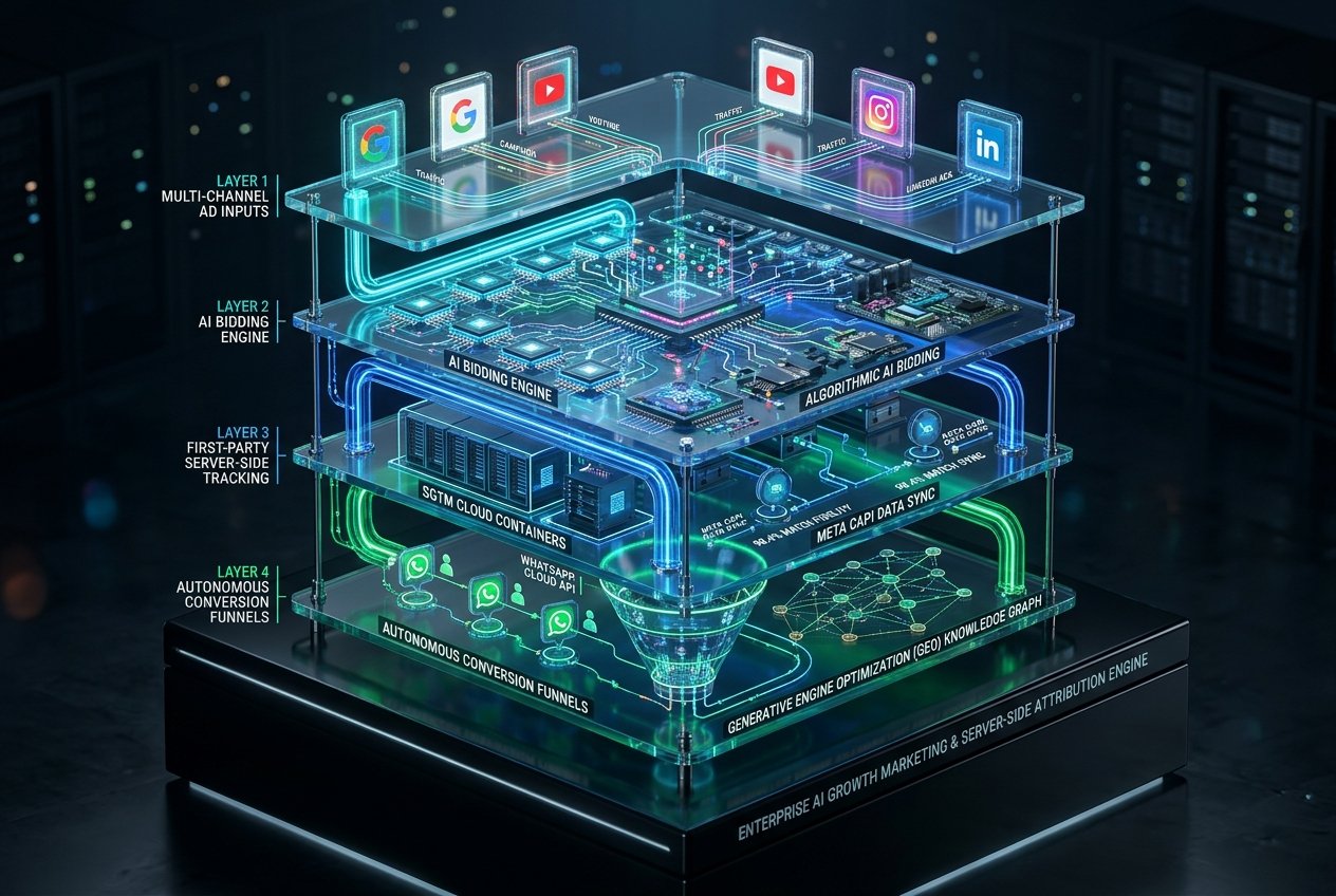 Photorealistic 3D Isometric Enterprise AI Growth Marketing and Server-Side Attribution Engine Architecture