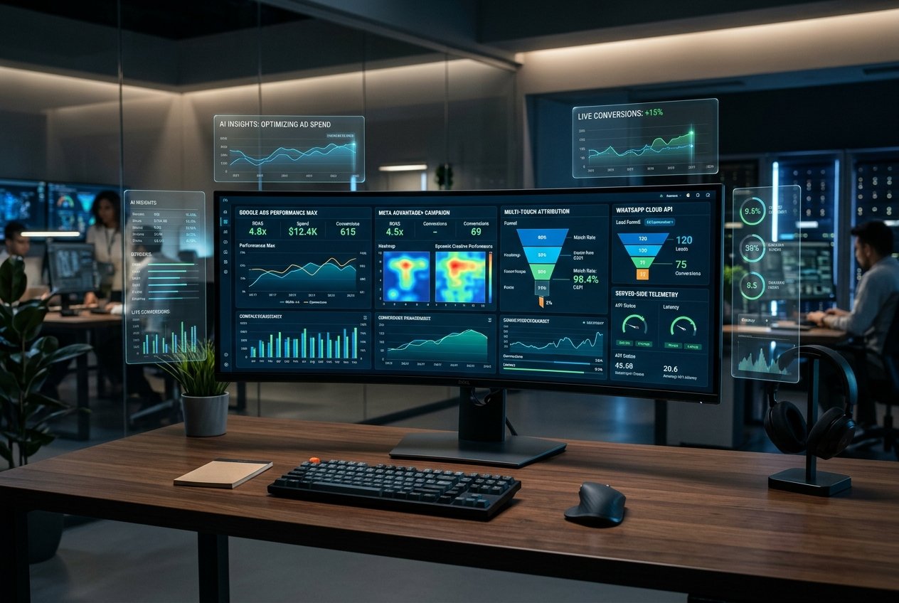 Photorealistic 3D AI Digital Marketing Operations Console with real-time Google Ads, Meta Advantage, and WhatsApp Cloud API telemetry